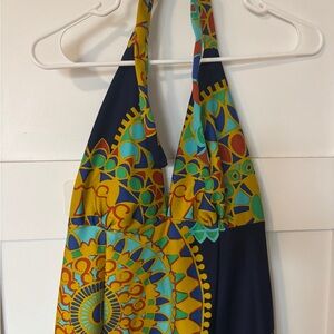 70s Vintage Caron International - Multicolor Halter Dress in Navy, Teal & Yellow